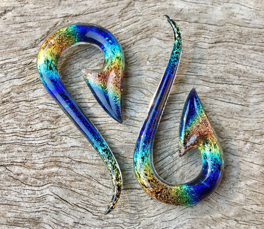 1 Pair (2 pieces) Aquatic Rainbow Dichroic Glass South Pacific Islands Tribal Fish Hooks