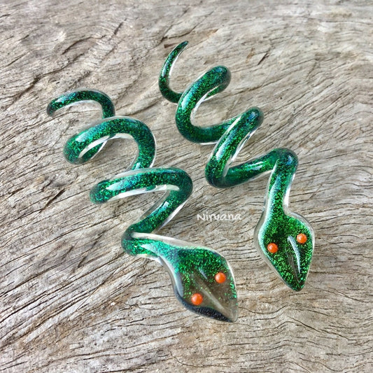1 Pair (2 Pieces) Emerald Green Dichroic Glass Snake Spirals