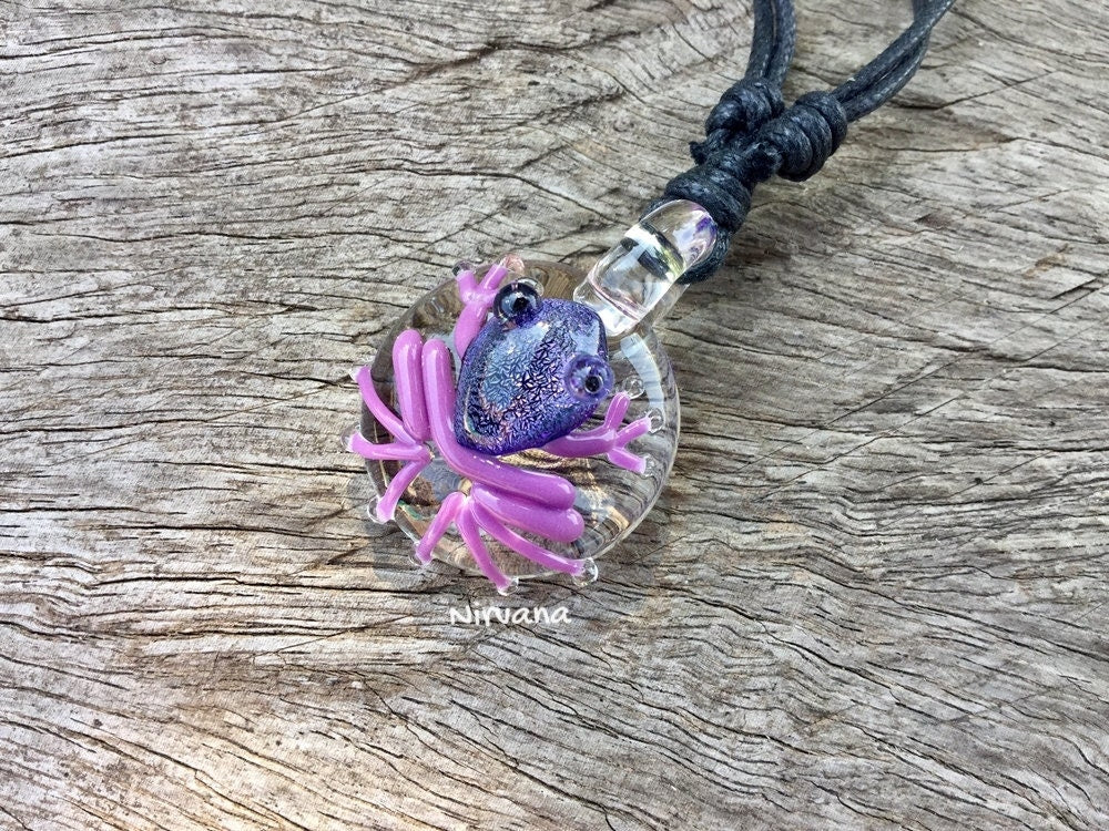 1 Piece - Custom Made Dichroic Dark Purple Poison Tree Frog Glass Pendant Critters With Adjustable Black Cord