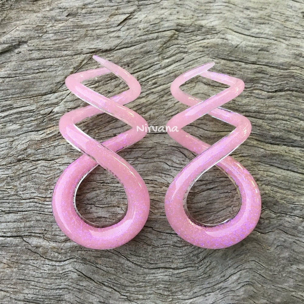 1 Pair (2 Pieces) Pastel Pink Dichroic Glass Cork Screw Spirals