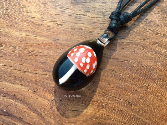 1 Piece - Red Magic Mushroom with White Spots Pendant with Black Waxed Linen Adjustable Cord!!!