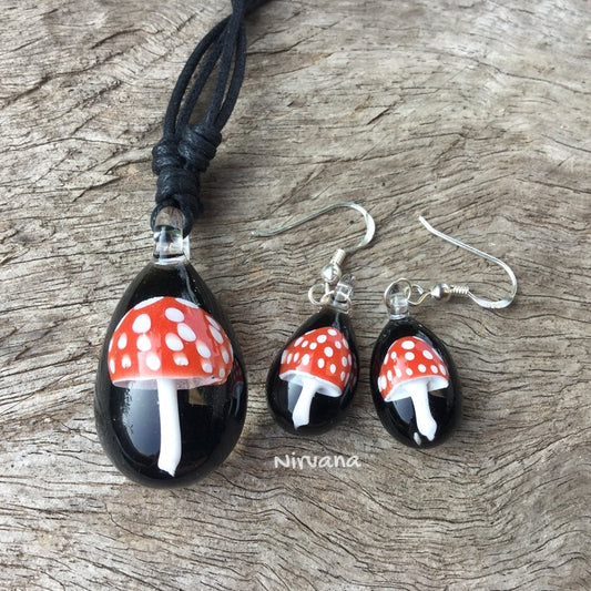 1 Set Including - 1 Piece Custom Made Red Magic Mushroom Pendant & 1 Pair (2 Pieces) Hanging Earrings on .925 Sterling Silver ear wires