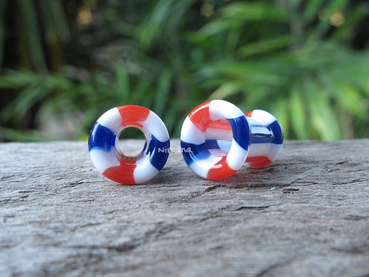 1 Pair (2 Pieces) Red, White & Blue Parallel Lines Pyrex Glass Tunnels
