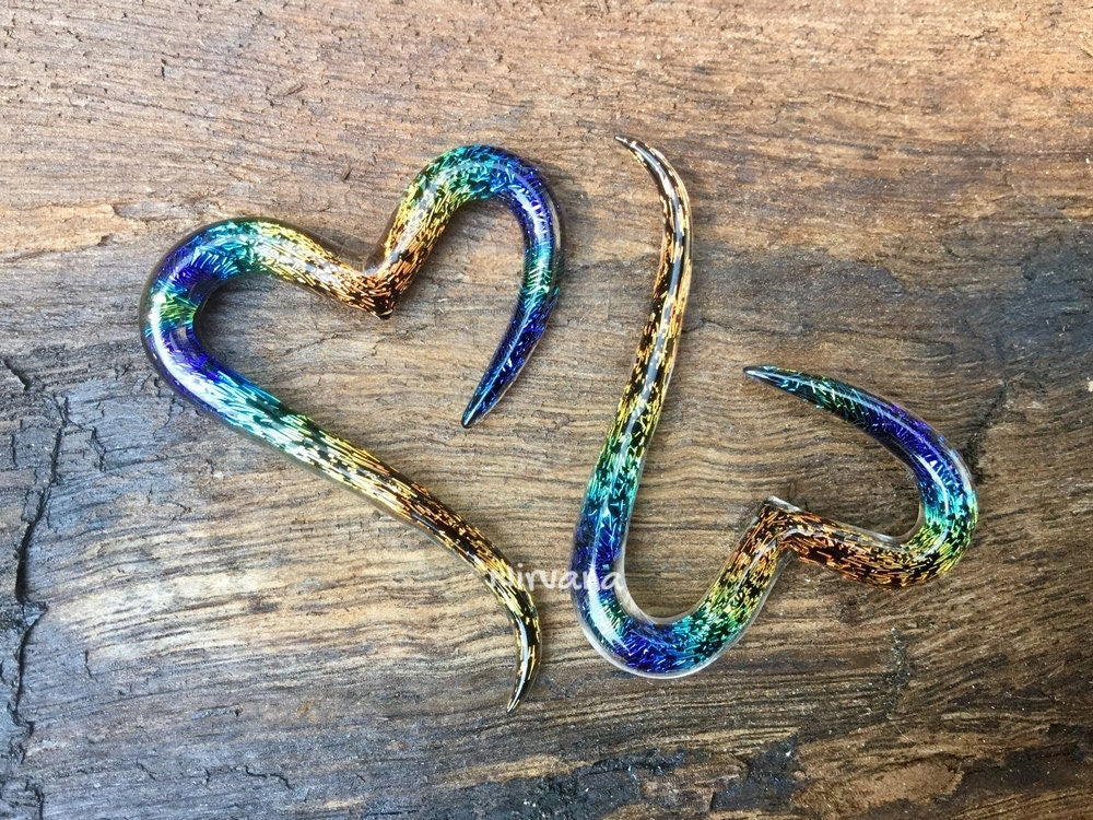 1 Pair (2 Pieces) Aquatic Rainbow Dichroic Glass Heart Spirals