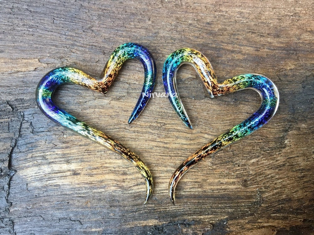 1 Pair (2 Pieces) Aquatic Rainbow Dichroic Glass Heart Spirals