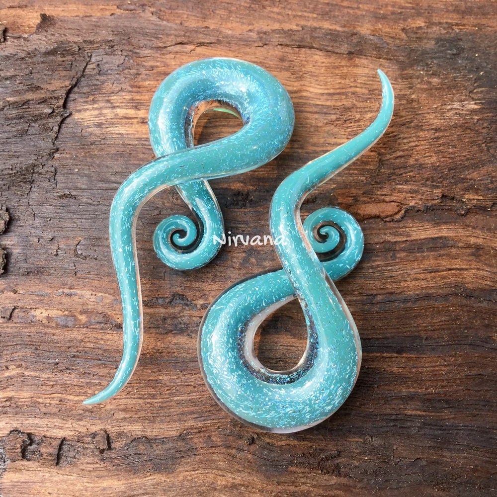 1 Pair (2 Pieces) Light Blue Opal Dichroic Glass Note Spirals