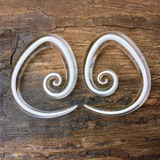 1 Pair (2 Pieces) White Encased Tear Drop Glass Spirals