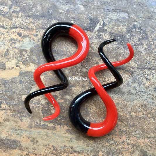 1 Pair (2 Pieces) Half and Half Black & Red Cork Screw Spirals Glass
