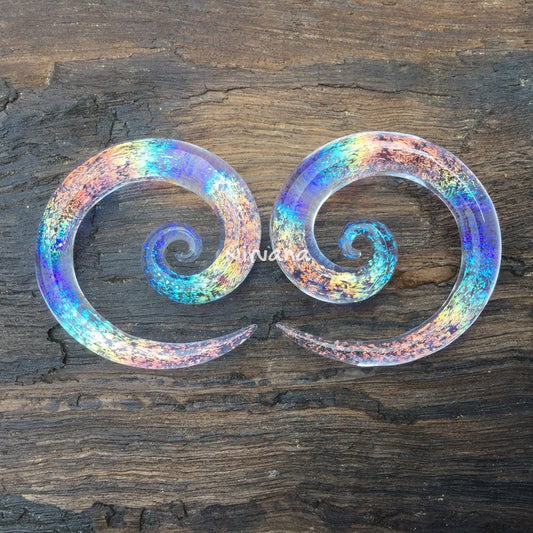 1 Pair (2 Pieces) Translucent Light Blue Translucent Rainbow Dichroic Glass Super Spirals