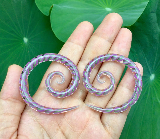 1 Pair (2 Pieces) Mauve & Jade Encased Twist Super Spirals Glass