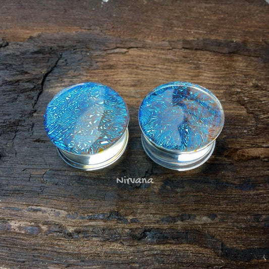 1 Pair (2 Pieces) Translucent Aqua Dichroic Glass Plugs