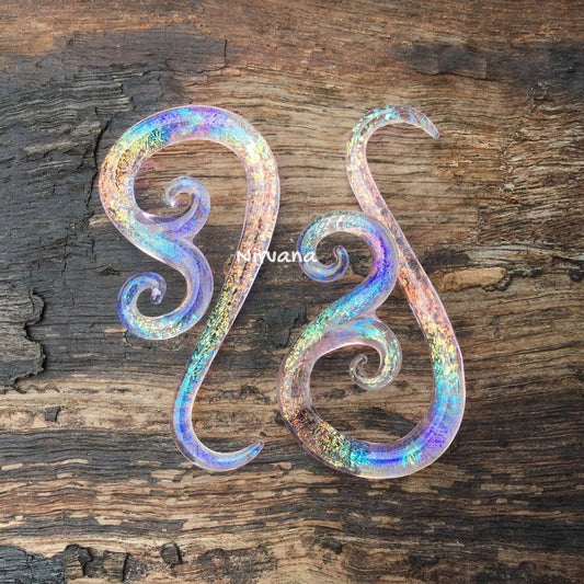 1 Pair (2 Pieces) Translucent Pink Translucent Rainbow Dichroic Glass Venus Spirals