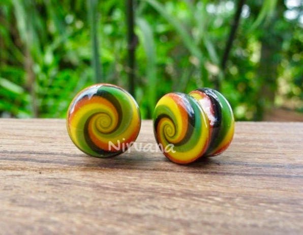 1 Pair (2 Pieces) Rasta Candy Spiral Glass Plugs