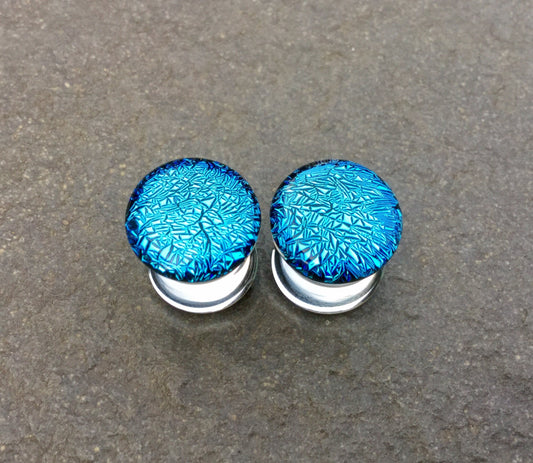 1 Pair (2 Pieces) Aqua Blue Dichroic Glass Plugs