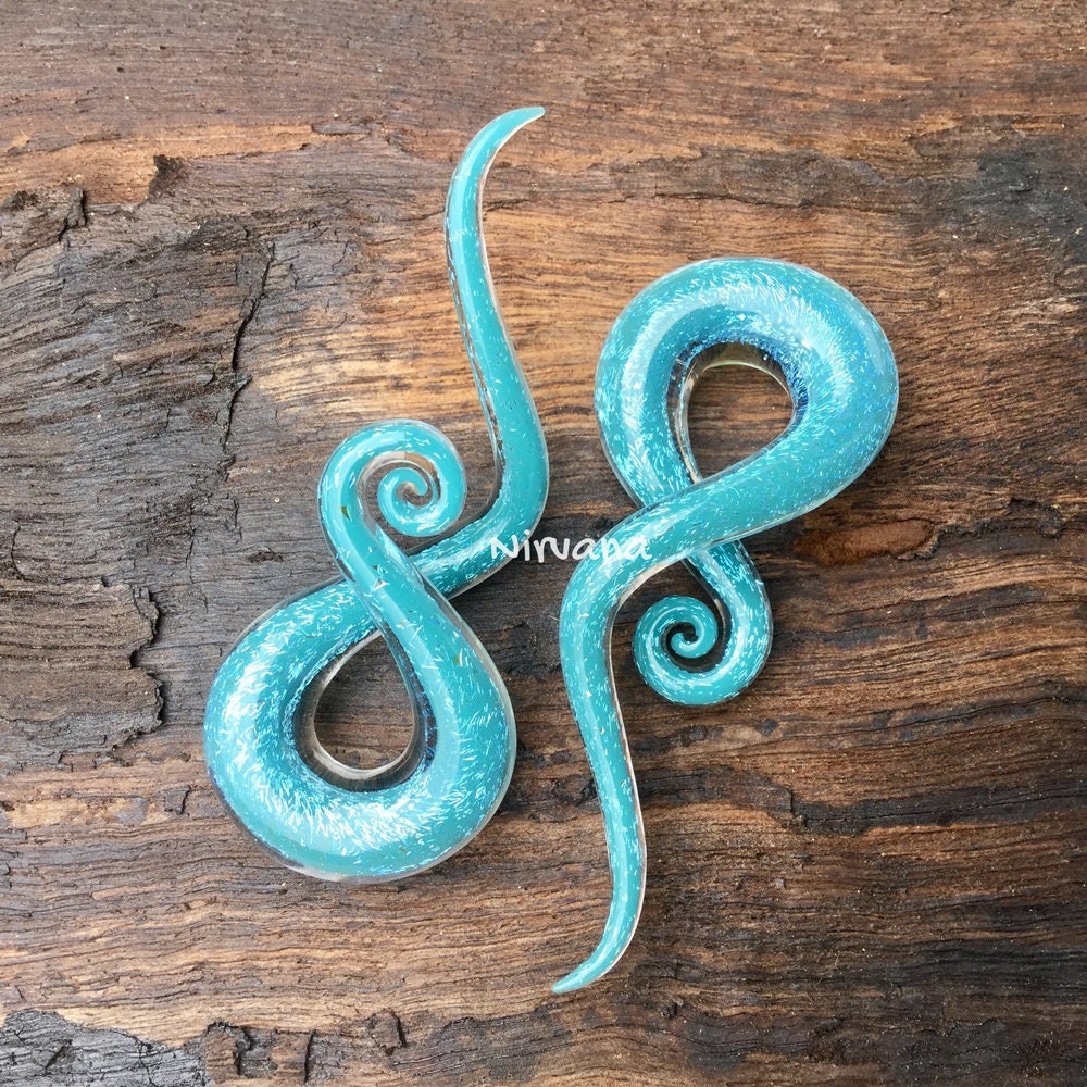 1 Pair (2 Pieces) Light Blue Opal Dichroic Glass Note Spirals