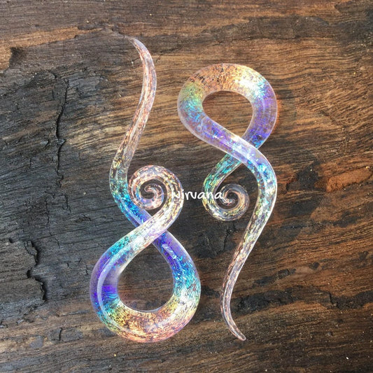 1 Pair (2 Pieces) Aquatic Rainbow Dichroic Glass Cork Screw Spirals