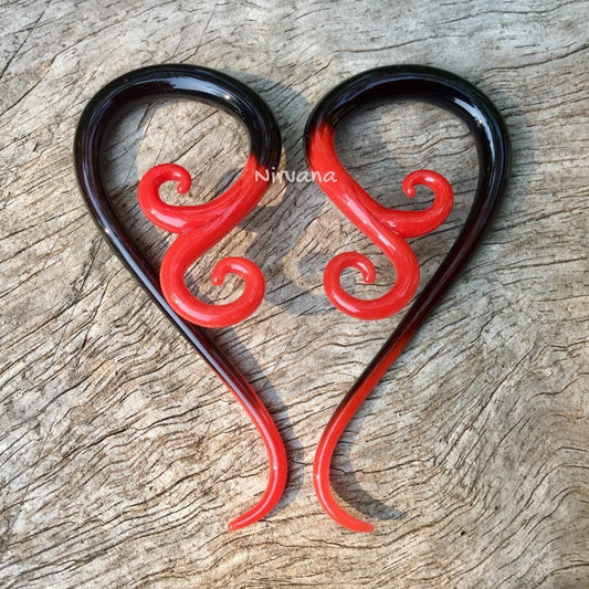 1 Pair (2 Pieces) Two Tone Black with Red Tips Venus Spirals Glass