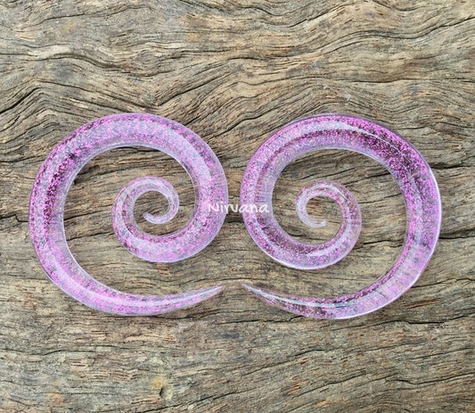 1 Pair (2 Pieces) Translucent Hot Pink Dichroic Trans Pink Glass Super Spirals