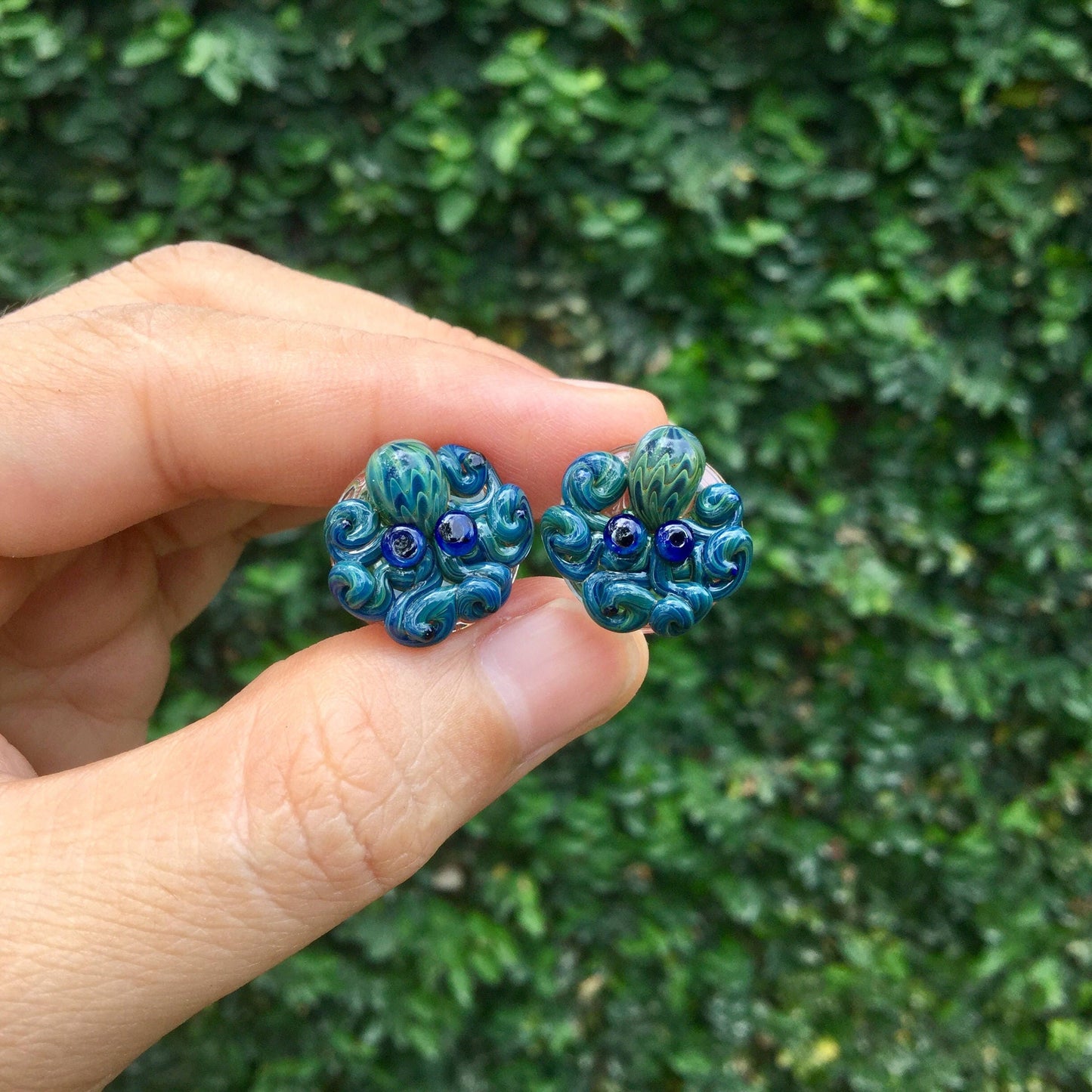 1 Pair (2 Pieces) Exotic Blue Octopus Plugs Pyrex Glass