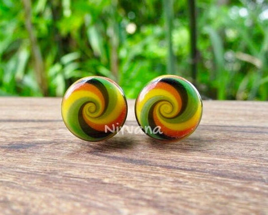 1 Pair (2 Pieces) Rasta Candy Spiral Glass Plugs
