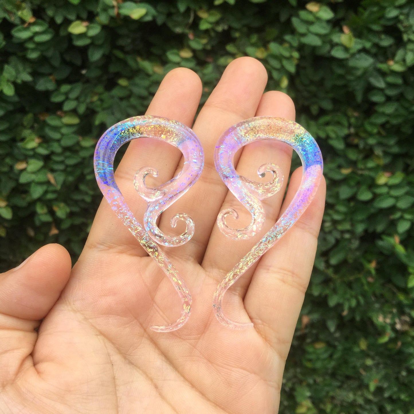 1 Pair (2 Pieces) Translucent Pink Translucent Rainbow Dichroic Glass Venus Spirals
