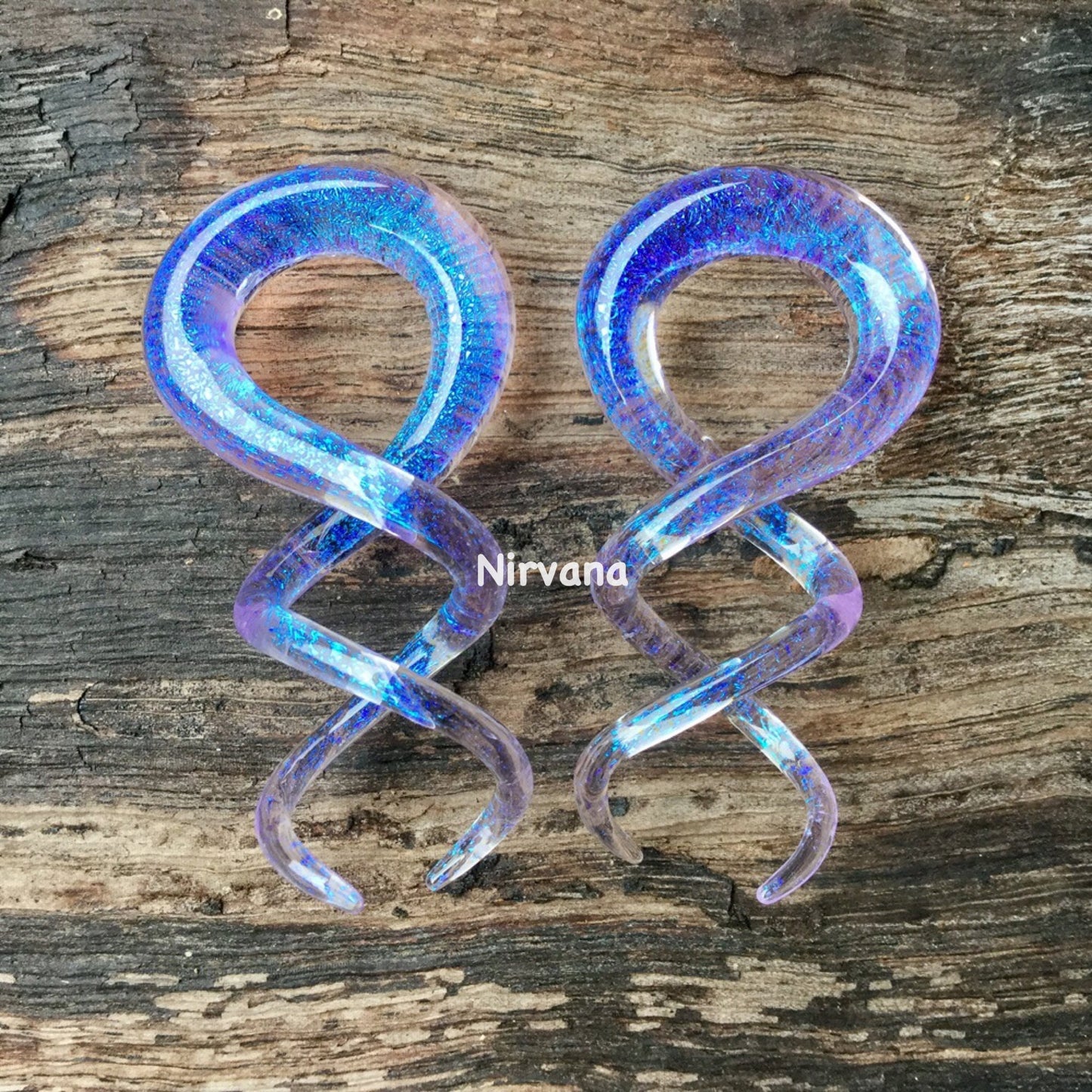 1 Pair (2 Pieces) Translucent Blue Dichroic Encased Translucent Purple Glass Cork Screw Spirals