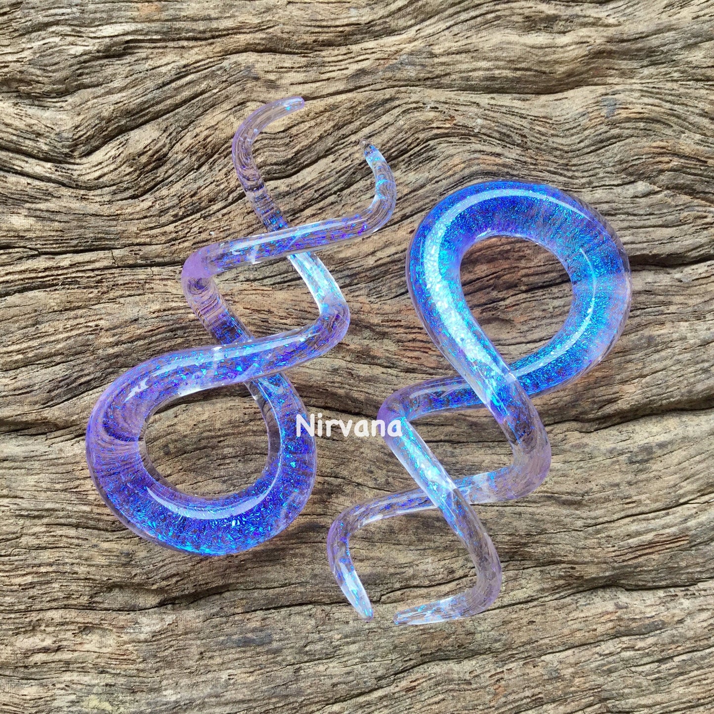 1 Pair (2 Pieces) Translucent Blue Dichroic Encased Translucent Purple Glass Cork Screw Spirals