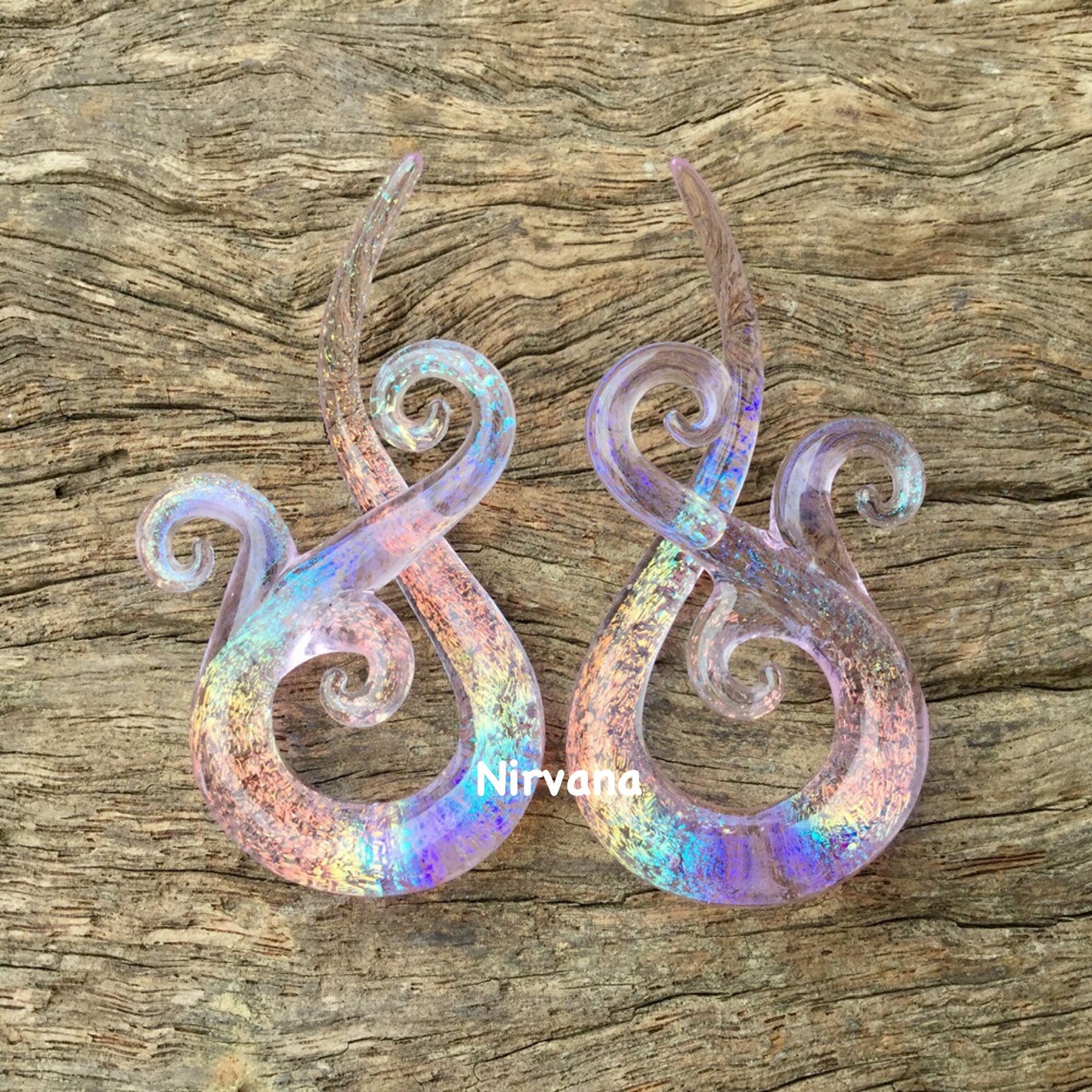1 Pair (2 Pieces) Tranlucent Rainbow Dichroic Translucent Pink Encased Bonita Spirals