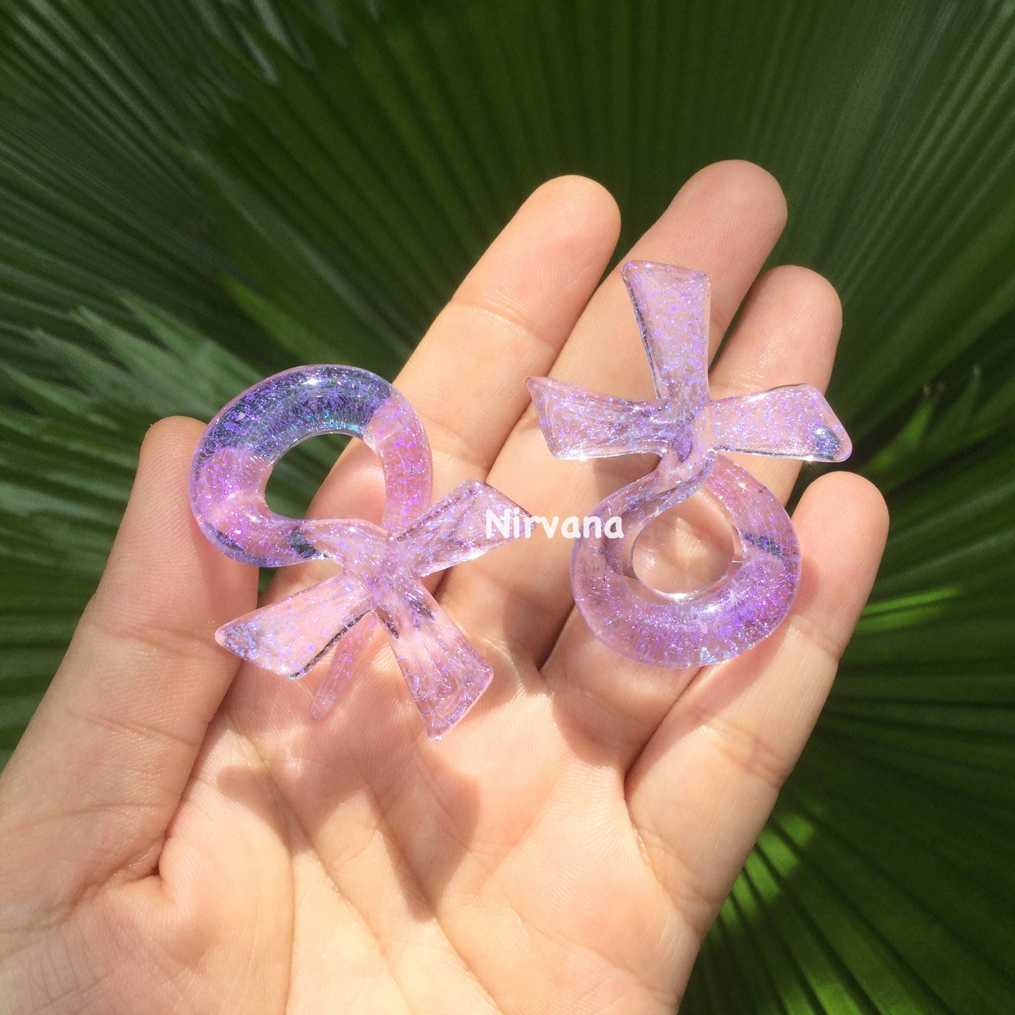 1 Pair (2 Pieces) Translucent Purple Dichroic Translucent Purple Glass Egyptian Ankh Cross Spirals