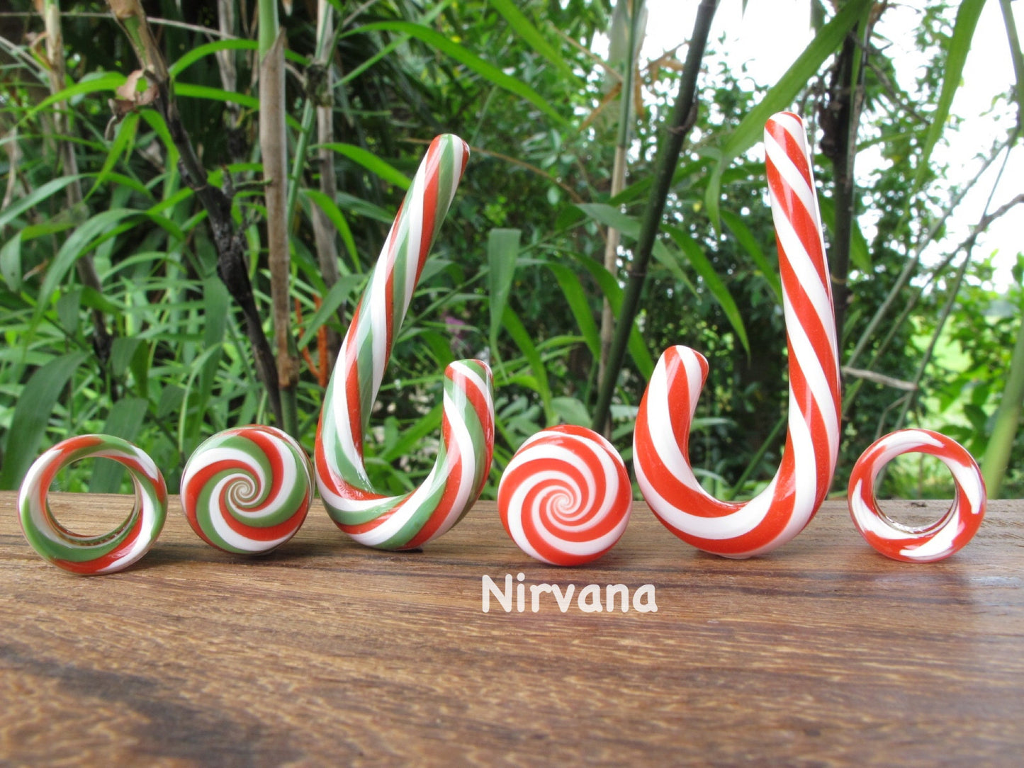 1 Pair (2 Pieces) Holiday Green/White/Red Tunnels Glass