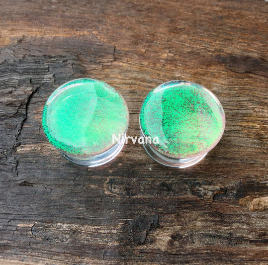 1 Pair (2 Pieces) Translucent Emerald Green Dichroic Glass Plugs No Background Color