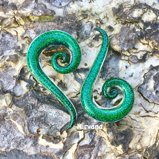 1 Pair (2 Pieces) Emerald Green Dichroic Thai Super Spirals