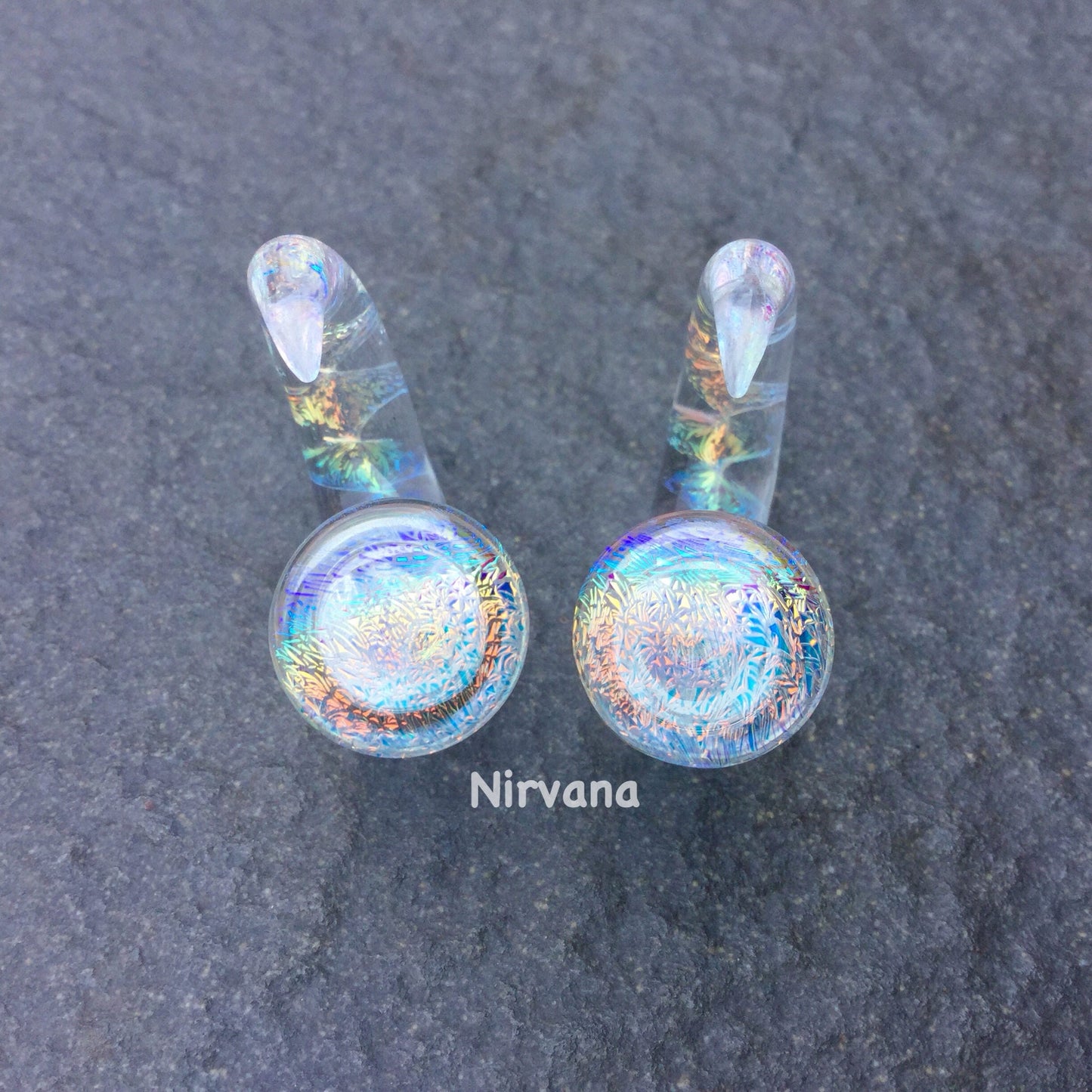 1 Pair (2 Pieces) Translucent Rainbow Dichro Encased Twist Claw Gauges