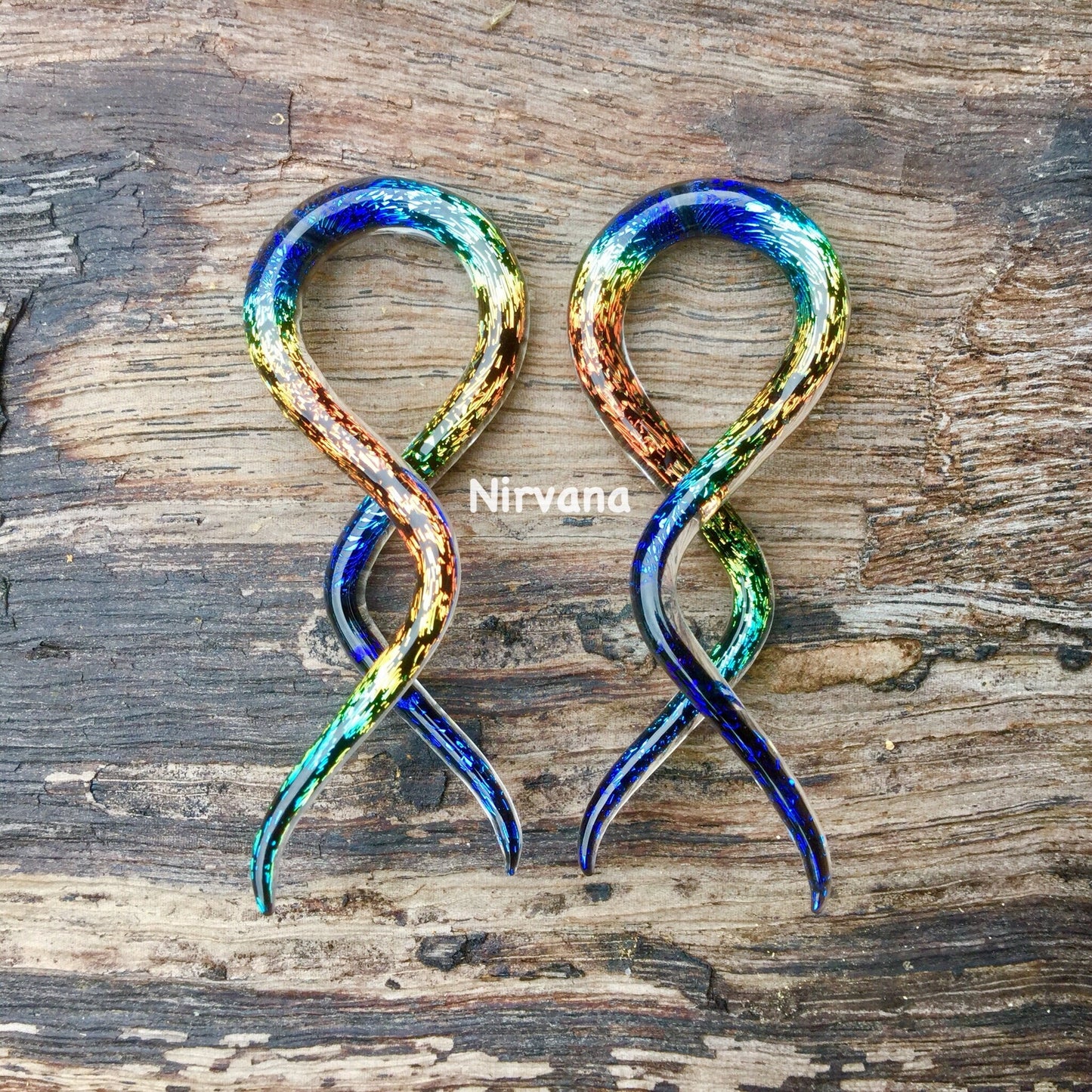 1 Pair (2 Pieces) Aquatic Rainbow Dichroic Glass Double Twists