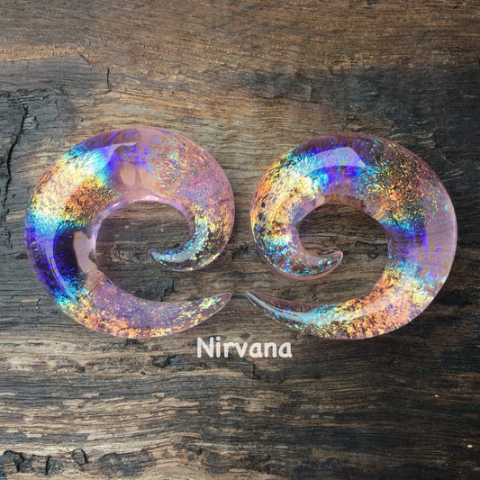 1 Pair (2 Pieces) Translucent Pink Translucent Rainbow Dichroic Glass Classic Spirals