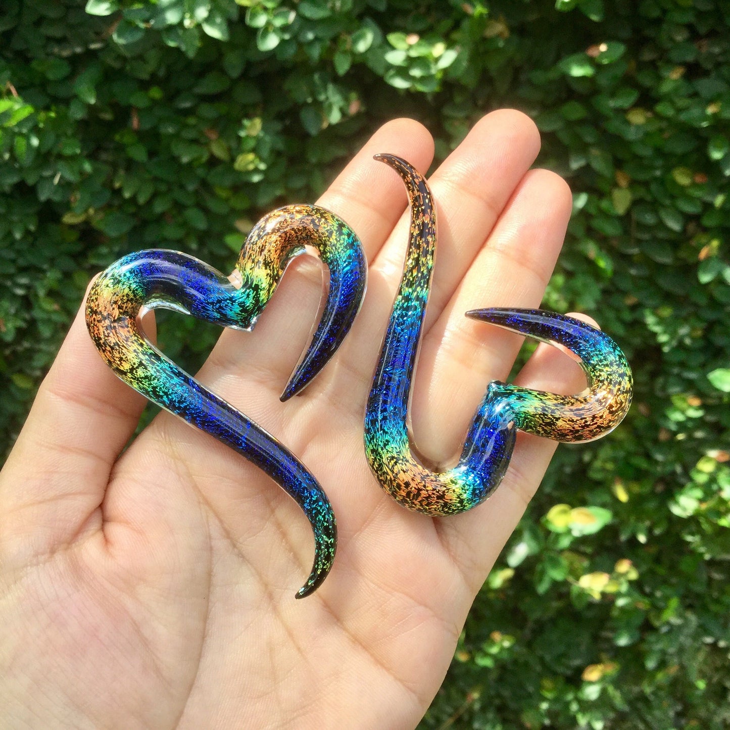 1 Pair (2 Pieces) Aquatic Rainbow Dichroic Glass Heart Spirals