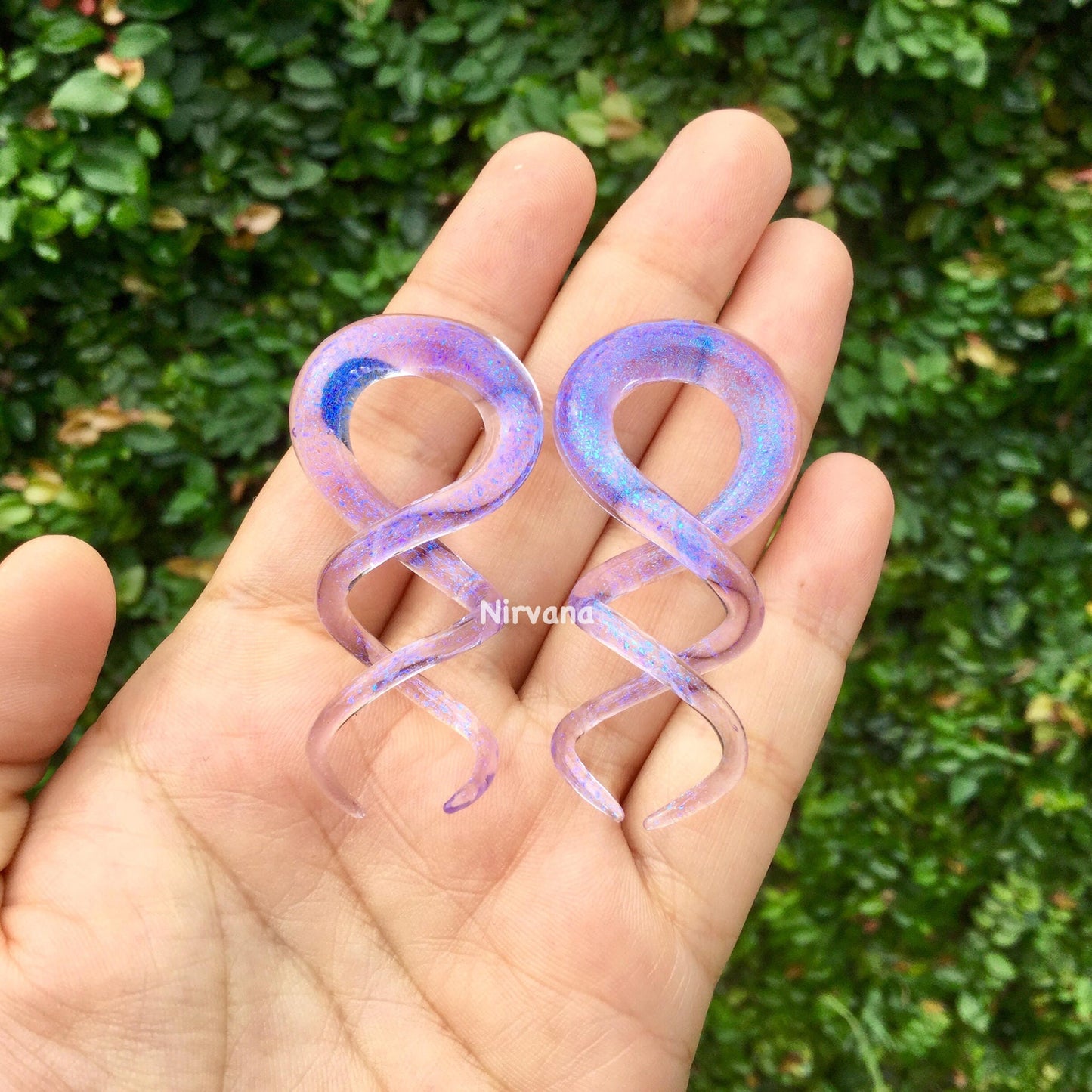 1 Pair (2 Pieces) Translucent Blue Dichroic Encased Translucent Purple Glass Cork Screw Spirals