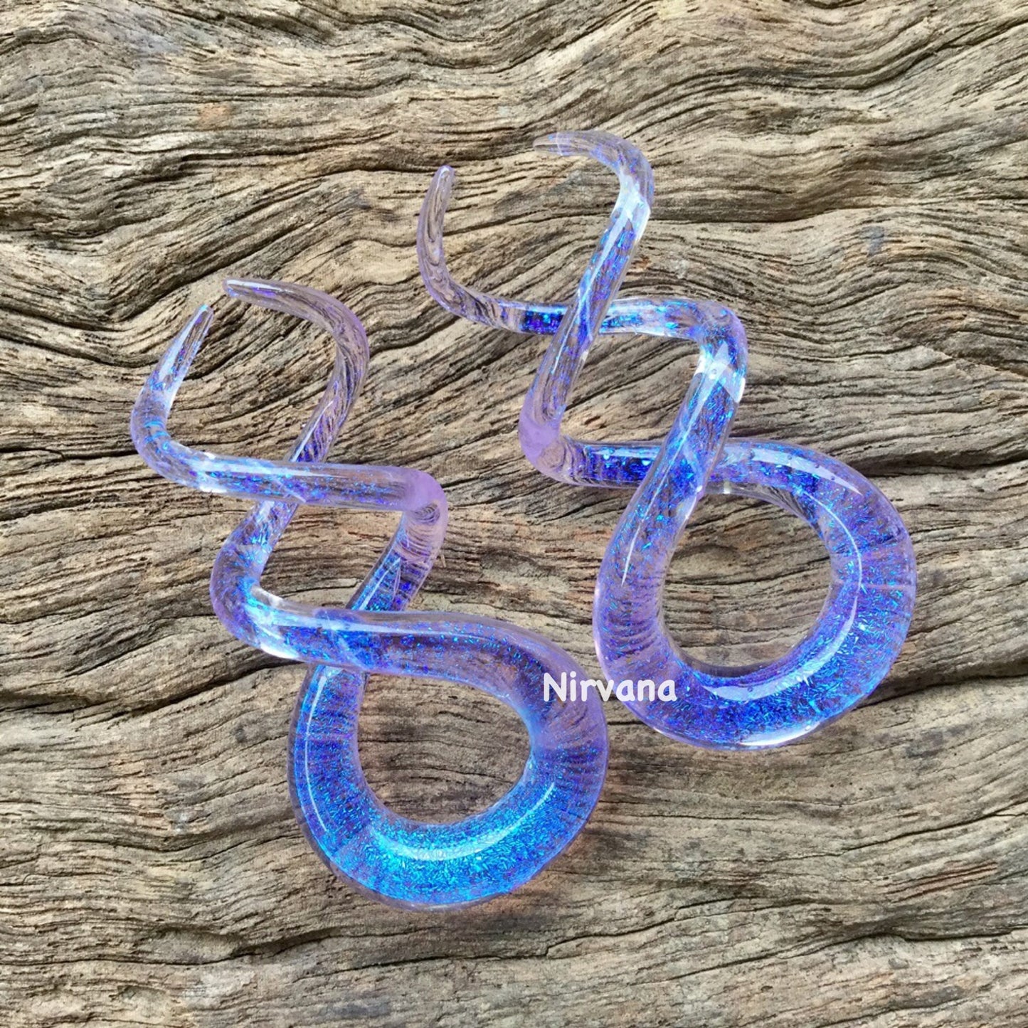 1 Pair (2 Pieces) Translucent Blue Dichroic Encased Translucent Purple Glass Cork Screw Spirals