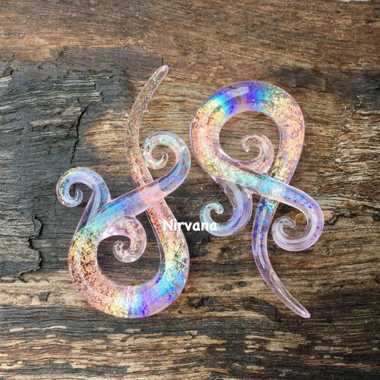 1 Pair (2 Pieces) Tranlucent Rainbow Dichroic Translucent Pink Encased Bonita Spirals