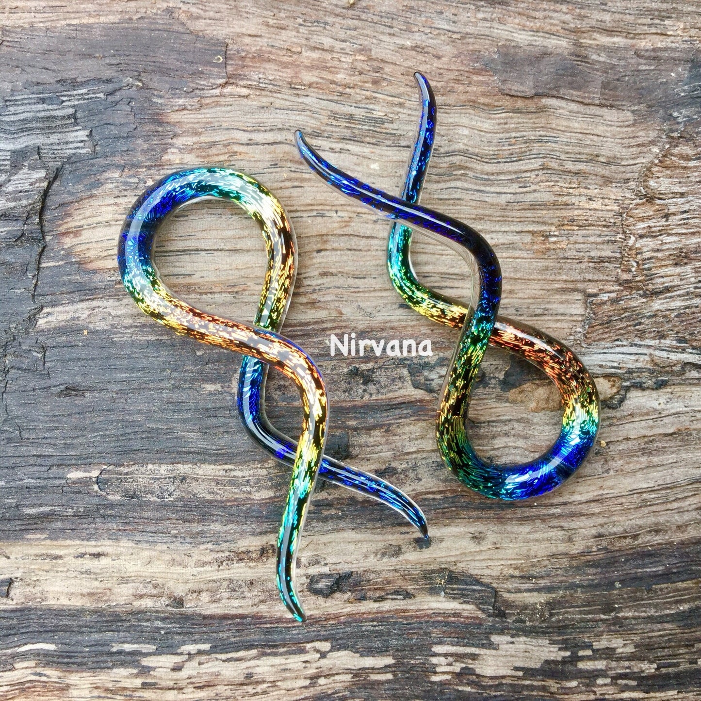 1 Pair (2 Pieces) Aquatic Rainbow Dichroic Glass Double Twists