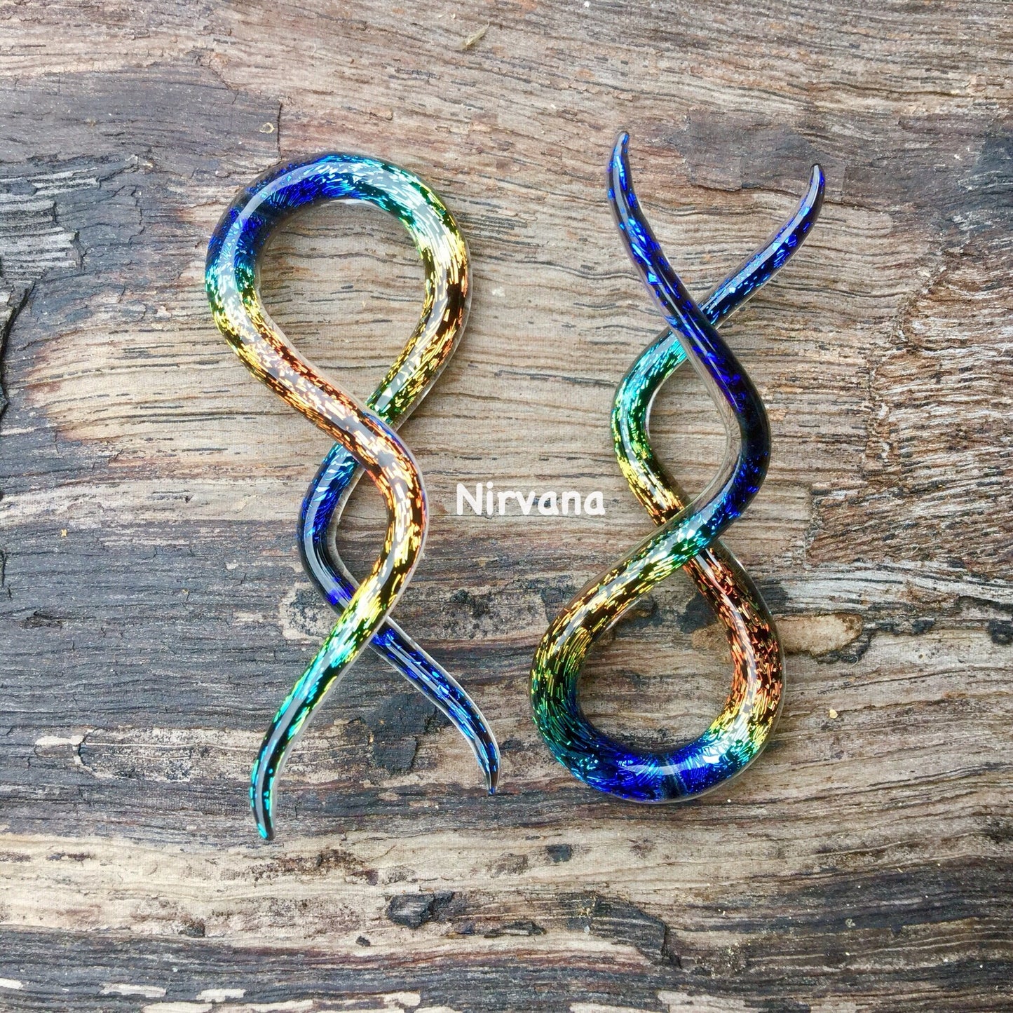 1 Pair (2 Pieces) Aquatic Rainbow Dichroic Glass Double Twists