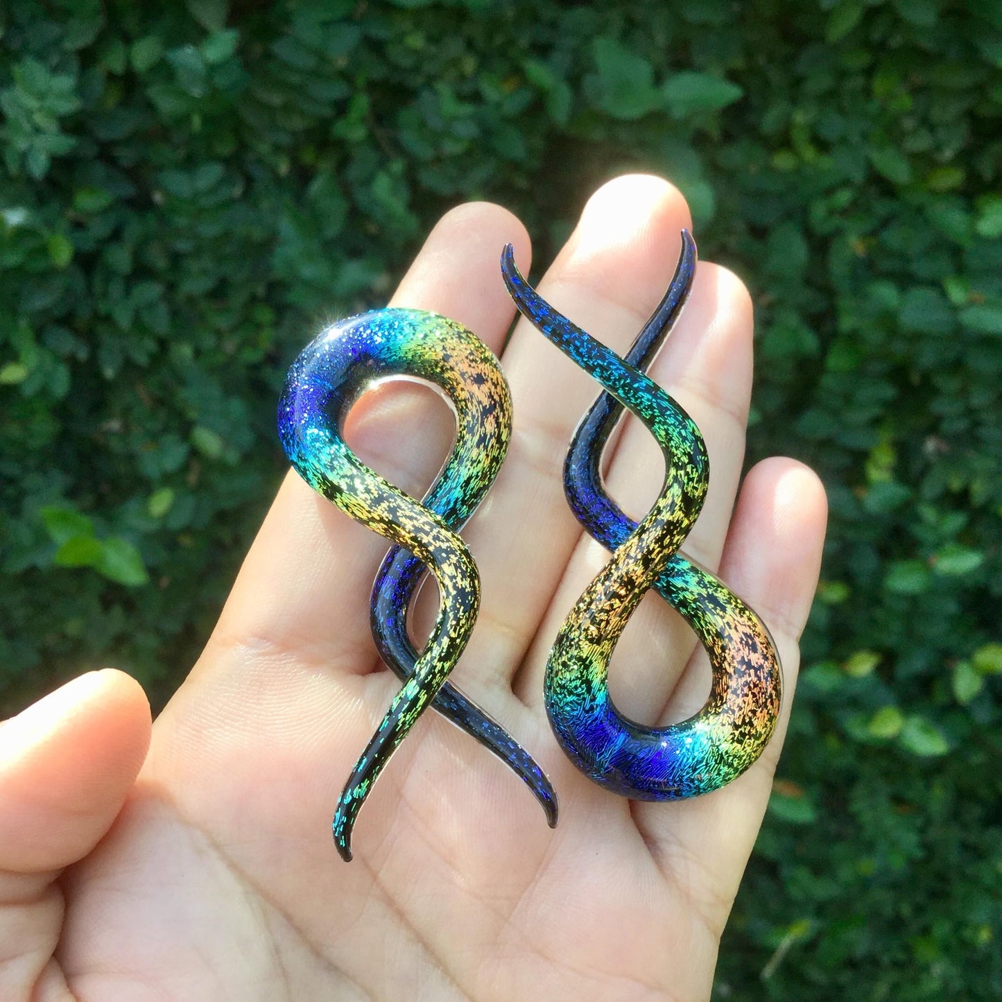 1 Pair (2 Pieces) Aquatic Rainbow Dichroic Glass Double Twists