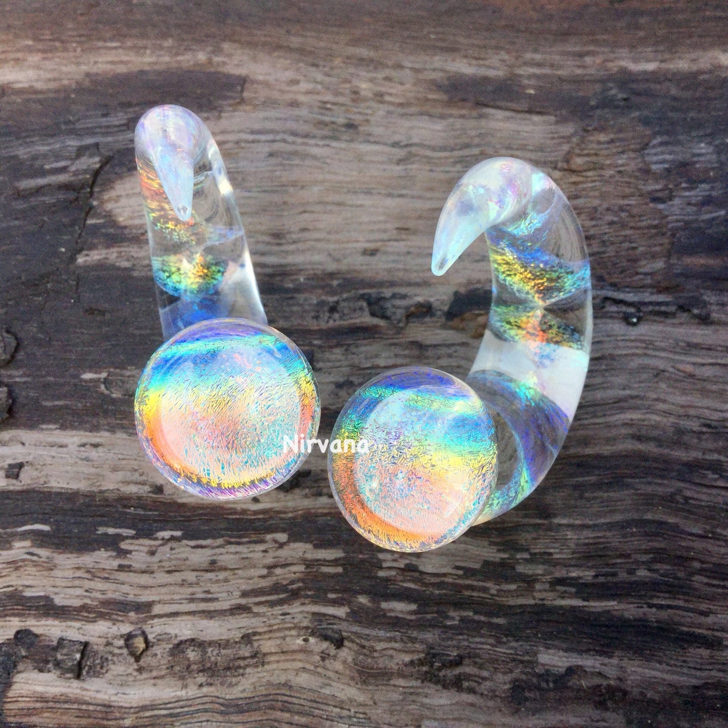 1 Pair (2 Pieces) Translucent Rainbow Dichro Encased Twist Claw Gauges