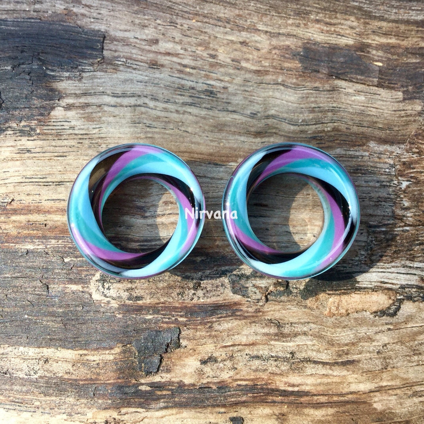 1 Pair (2 Pieces) Black, Mauve, Aqua & Sky Blue Twist Tunnels Pyrex Glass