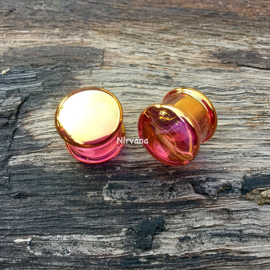 1 Pair (2 Pieces) Real 24 Karat Ruby Gold Colored Glass Ear Plugs