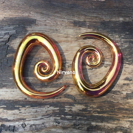 1 Pair (2 Pieces) 24 K Ruby Gold Tear Drop Spirals