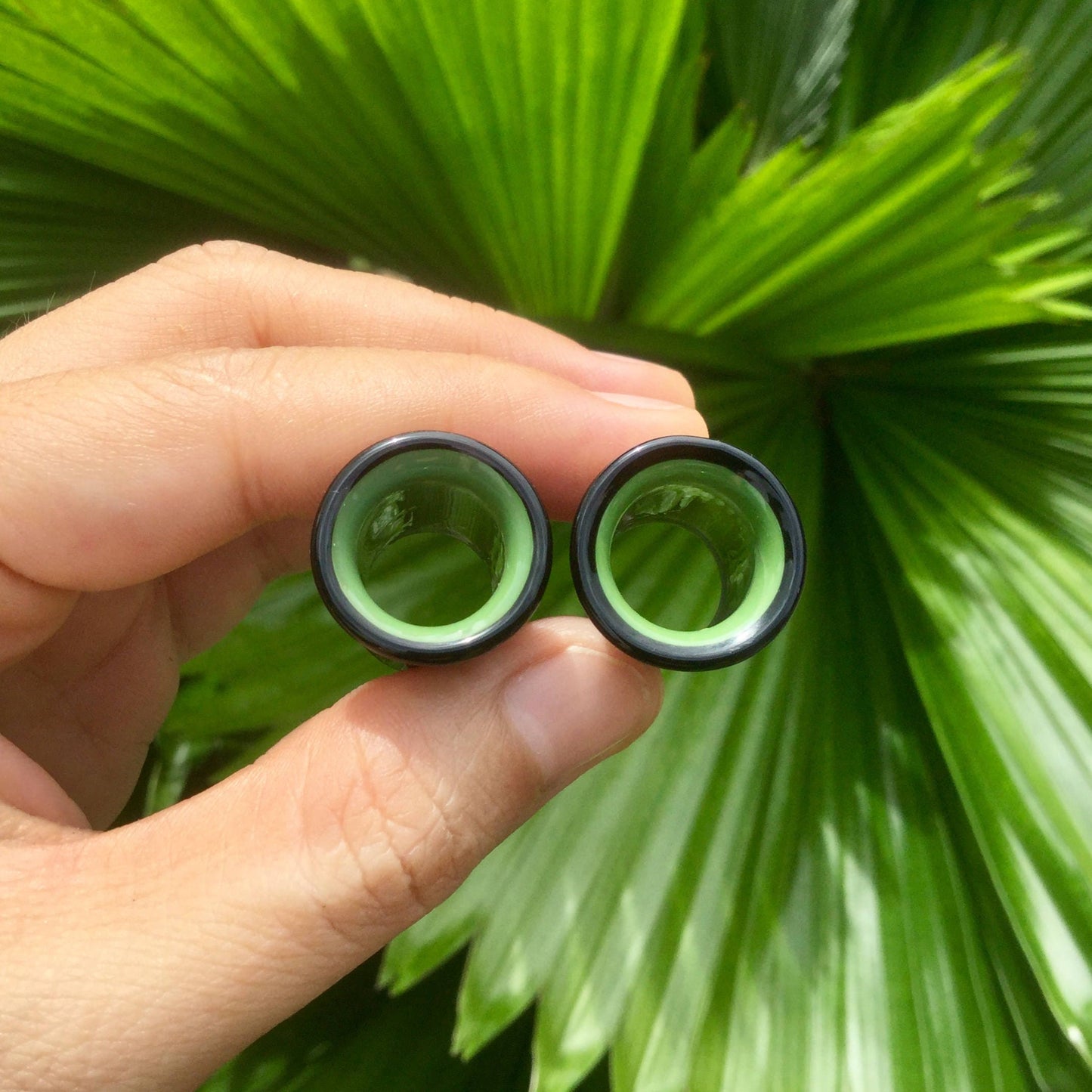 1 Pair (2 Pieces) Black & Jade 2 Tone Tunnels Glass