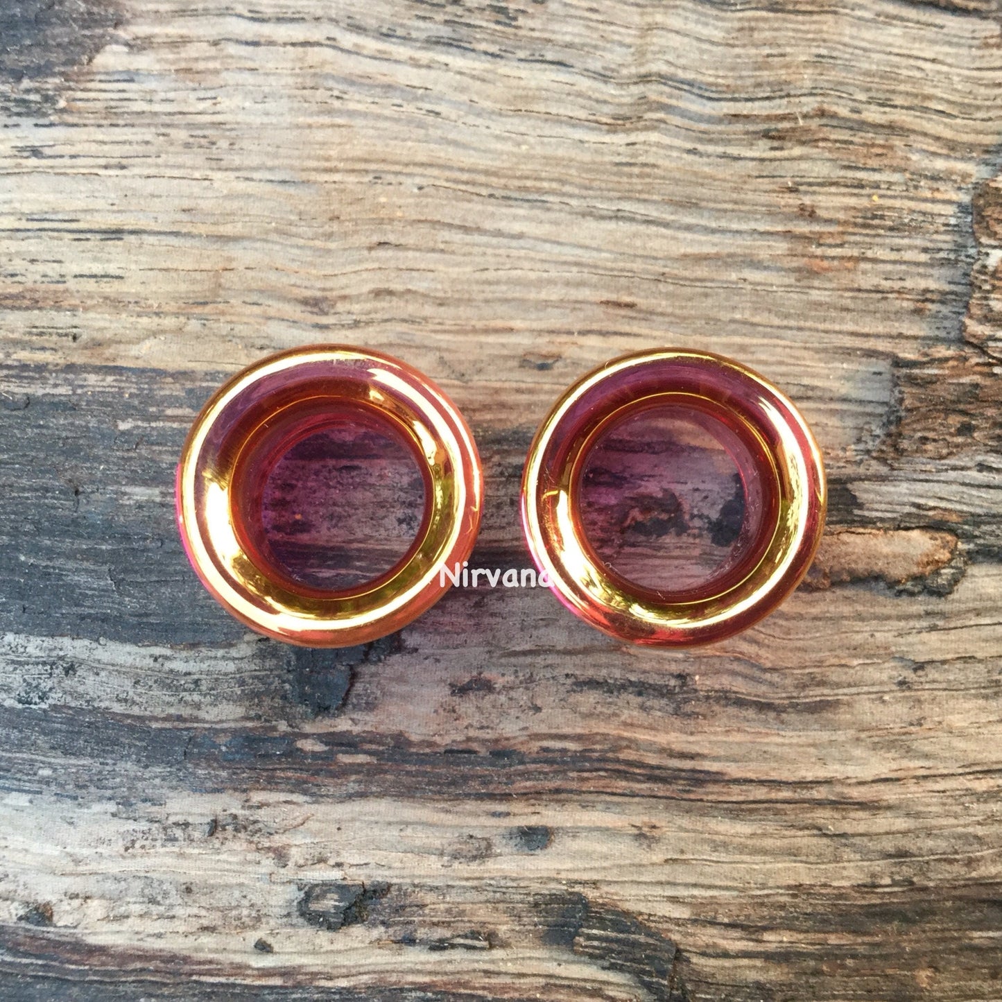 1 Pair (2 Pieces) 24K Ruby Gold Colored Glass Tunnels