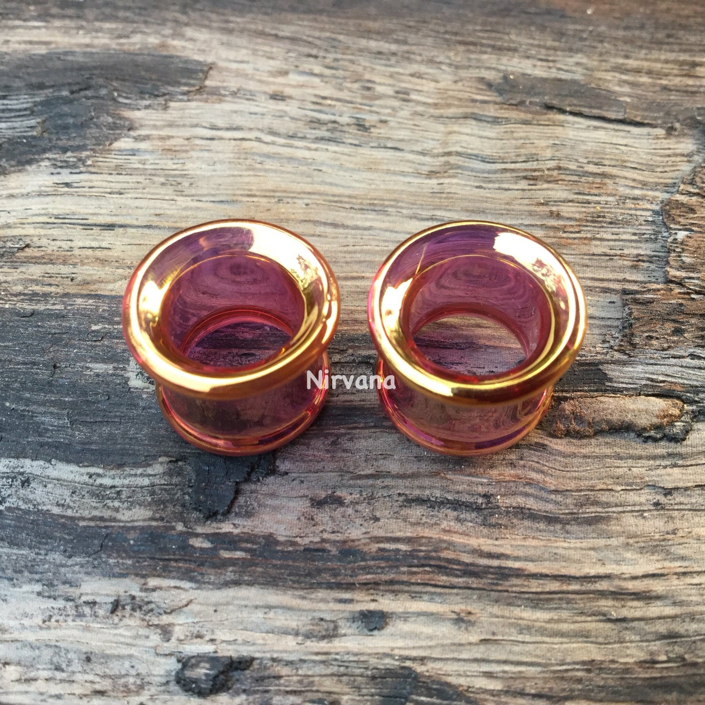 1 Pair (2 Pieces) 24K Ruby Gold Colored Glass Tunnels