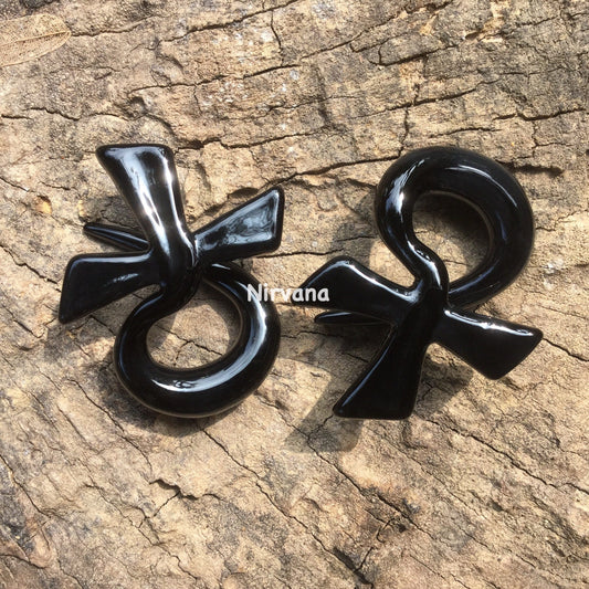 1 Pair (2 Pieces) Black Egyptian Ankh Cross Pyrex glass Ear Spirals